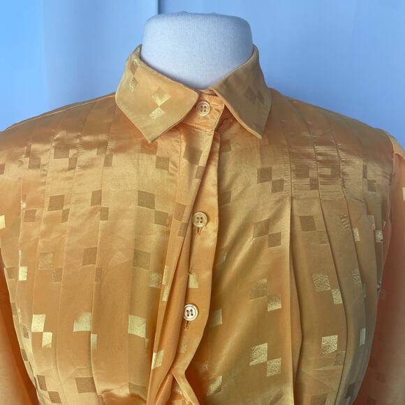 Vintage Blouse Size 8 Yellow Gold Jacquard Long Sleeve Button Office Secretary - Picture 2 of 15